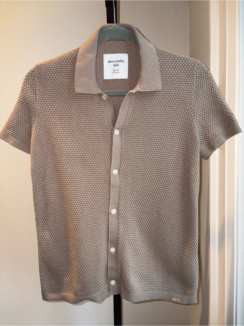Abercrombie Kids Taupe Knit Short-Sleeve Button Polo Size 13 / 14 Soft Preppy